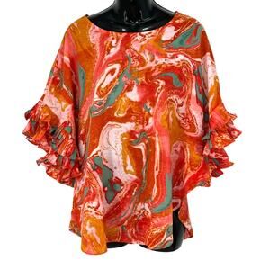 Bungalows Orange Psychedelic Batwing Pleated Ruffle Blouse Size Small